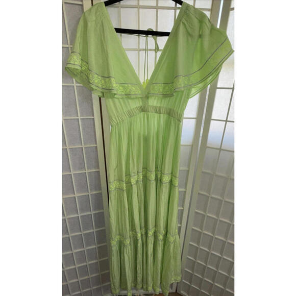 Pranella Embroidered Tiered Flutter Sleeve Floral Boho Beach Designer Dress S/M - Picture 13 of 15